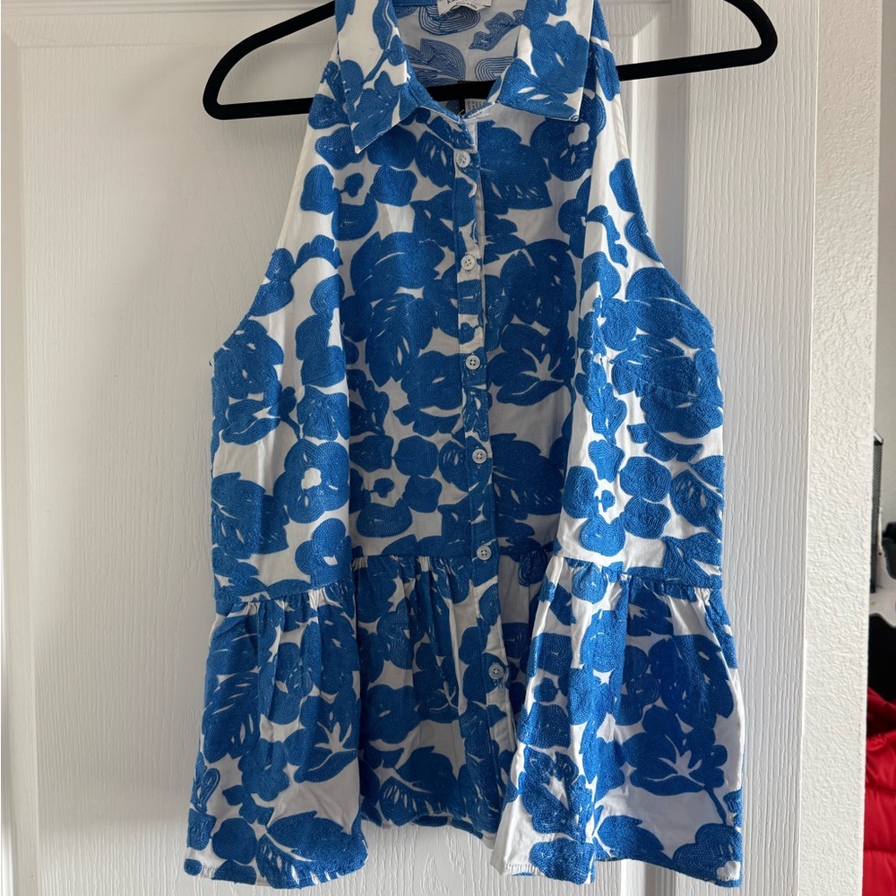 kate spade Blue and White Floral Sleeveless Button-Front Blouse